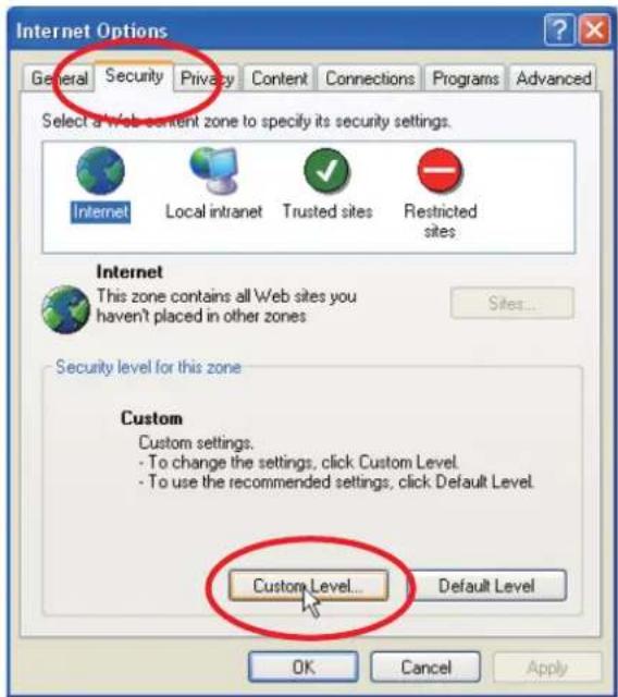 Internet Options General Security Privacy Content Connections Programs Advanced Select a Web content zone to specify its security settings. Internet Local intranet Trusted sites Restricted sites Internet This zone contains all Web sites you haven't placed in other zones Sites... Security level for this zone Custom Custom settings. - To change the settings, click Custom Level. - To use the recommended settings, click Default Level. Custom Level... Default Level OK Cancel Apply