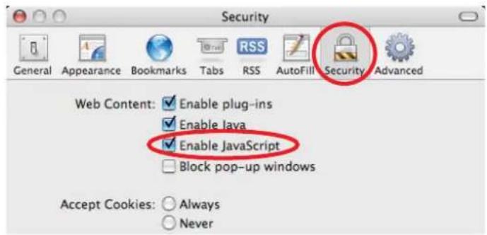 Security General Appearance Bookmarks Tabs RSS AutoFill Security Advanced Web Content: ✓ Enable plug-ins ✓ Enable Java ✓ Enable JavaScript Block pop-up windows Accept Cookies: ○ Always ○ Never