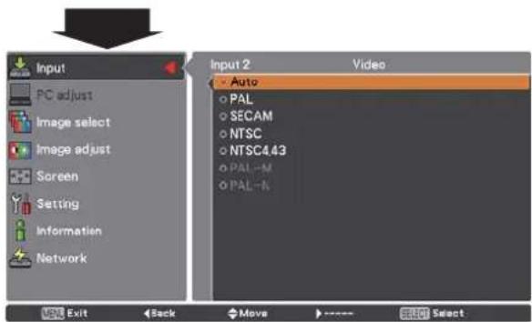 Input PC adjust Image select Image adjust Screen Setting Information Network Input 2 • Auto • PAL • SECAM • NTSC • NTSC4.43 • PAL-M • PAL-N Video USB Exit Back Move ---- Select Select