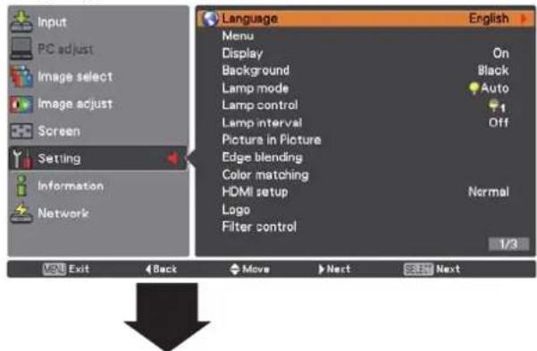 Input PC adjust Image select Image adjust Screen Setting Information Network Language English Menu Display On Background Black Lamp mode Auto Lamp control 1 Lamp interval Off Picture in Picture Edge blending Color matching HDMI setup Normal Logo Filter control 1/3 VOUT Exit Back Move Next SHERE Next