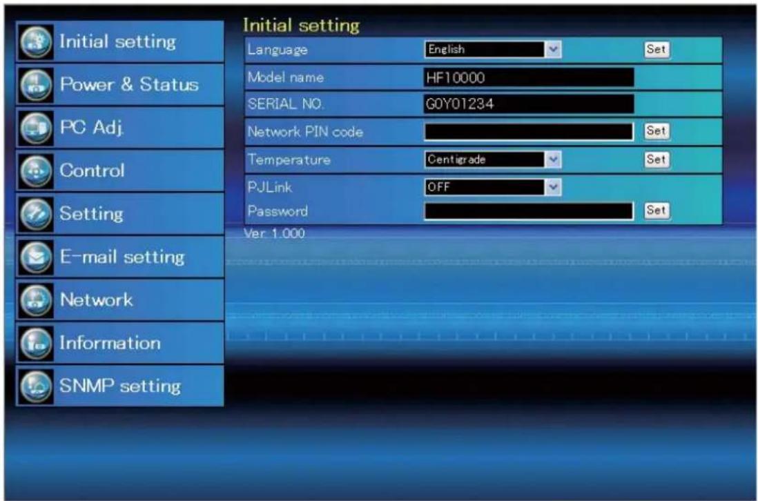 Initial setting Language English Set Model name HF10000 SERIAL NO.GOY01234 Network PIN code Set Temperature Centigrade Set PJLink OFF Password Set Ver 1.000 Initial setting Initial setting Power & Status PC Adj. Control Setting E-mail setting Network Information SNMP setting