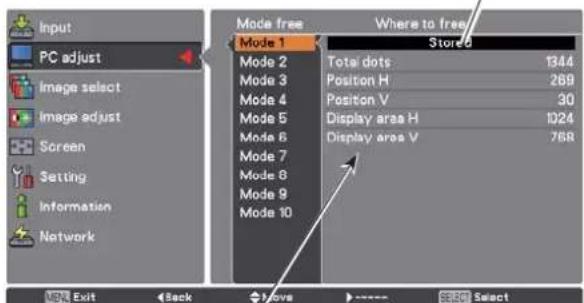 Input PC adjust Image select Image adjust Screen Setting Information Network Mode free Mode 1 Total dots 1344 Mode 2 Position H 269 Mode 3 Position V 30 Mode 4 Display area H 1024 Mode 5 Display area V 768 Mode 6 Display area V 768 Mode 7 Display area V 768 Mode 8 Display area V 768 Mode 9 Display area V 768 Mode 10 Where to free Stored Exit Back Move Select