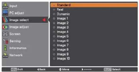 Input PC adjust Image select Image adjust Screen Setting Information Network Standard Real Dynamic Image 1 Image 2 Image 3 Image 4 Image 5 Image 6 Image 7 Image 8 Image 9 Image 10 Exit Back Move ---- Return Select