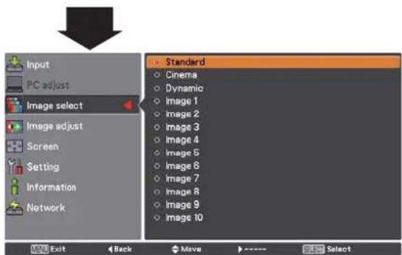 Input PC adjust Image select Image adjust Screen Setting Information Network Standard Cinema Dynamic Image 1 Image 2 Image 3 Image 4 Image 5 Image 6 Image 7 Image 8 Image 9 Image 10 VOUT Exit Back Move ---- Select