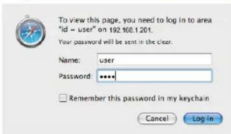 To view this page, you need to log in to area "id = user" on 192.168.1.201. Your password will be sent in the clear. Name: user Password: ****** Remember this password in my keychain Cancel Log In