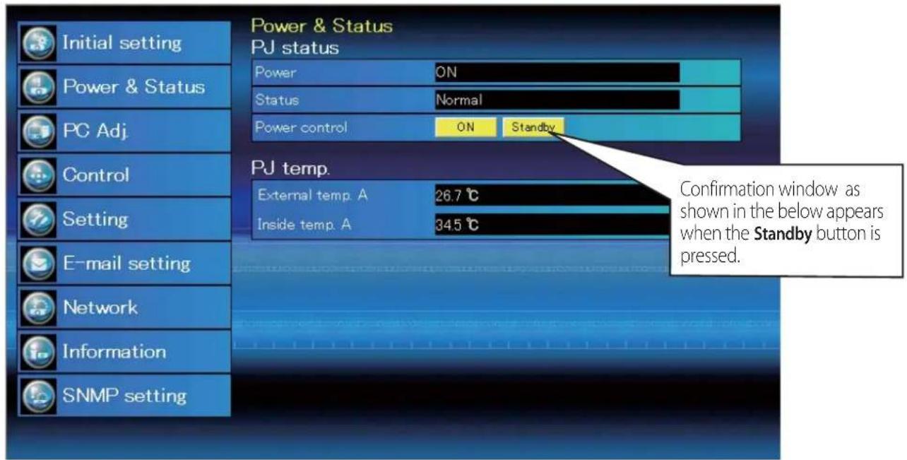 Power & Status PJ status Power ON Status Normal Power control ON Standby Control Setting E-mail setting Network Information SNMP setting PJ temp. External temp. A 26.7 °C Inside temp. A 34.5 °C Confirmation window as shown in the below appears when the Standby button is pressed.