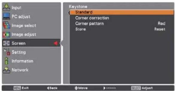 Input PC adjust Image select Image adjust Screen Setting Information Network Keystone Standard Corner correction Corner pattern Store Red Reset Exit Back Move Change Adjust