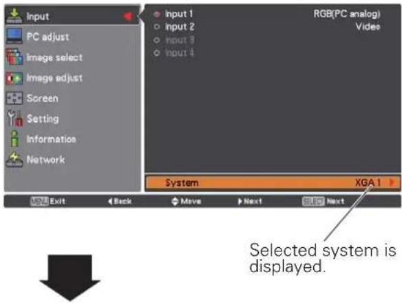 Input PC adjust Image select Image adjust Screen Setting Information Network Input 1 Input 2 Input 3 Input 4 RGB(PC analog) Video System XGA 1 Exit Back Move Next Next Selected system is displayed.