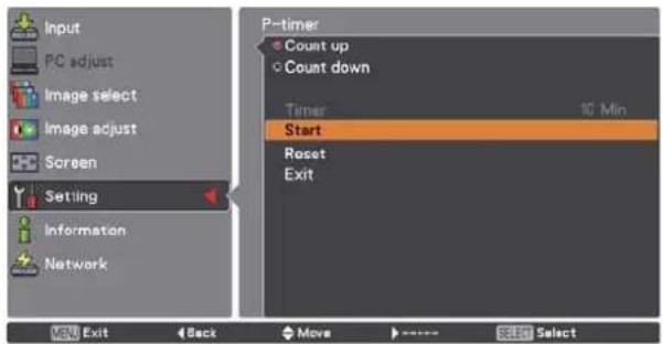 Input PC adjust Image select Image adjust Screen Setting Information Network P-timer Count up Count down Timer 10 Min Start Reset Exit Exit Back Move ---- Select