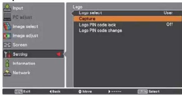 Input PC adjust Image select Image adjust Screen Setting Information Network Logo Logo select User Capture Logo PIN code lock Off Logo PIN code change Exit Back Move Select