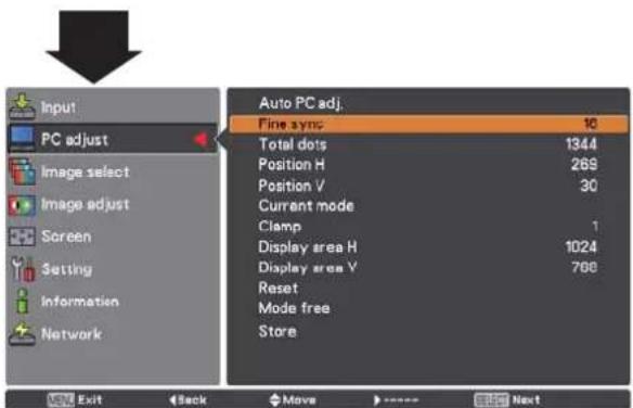 Input PC adjust Image select Image adjust Screen Setting Information Network Auto PC adj. Fine sync 10 Total dots 1344 Position H 269 Position V 30 Current mode Clamp 1 Display area H 1024 Display area V 788 Reset Mode free Store Exit Back Move Next