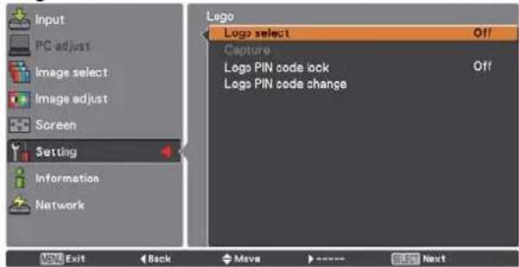 Input PC adjust Image select Image adjust Screen Setting Information Network Logo Logo select Off Capture Logo PIN code lock Off Logo PIN code change MUSE Exit Back Move Next