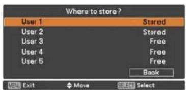 Where to store? User 1 Stored User 2 Stored User 3 Free User 4 Free User 5 Free Back Exit Move Stop Select