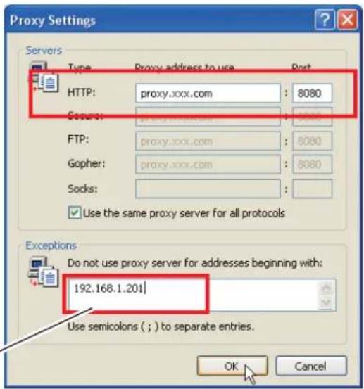 Proxy Settings Servers Type Proxy address to use Port HTTP: proxy.xxx.com : 8080 Gopher: proxy.xxx.com : 6080 FTP: proxy.xxx.com : 6080 Gopher: proxy.xxx.com : 6080 Socks: ✓ Use the same proxy server for all protocols Exceptions Do not use proxy server for addresses beginning with: 192.168.1.201 Use semicolons ( ; ) to separate entries. OK Cancel