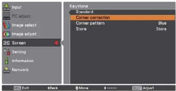 Input PC adjust Image select Image adjust Screen Setting Information Network Keystone Standard Corner correction Corner pattern Blue Store Store Exit Back Move - - - - - - Adjust