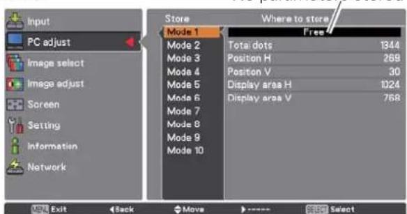 Input PC adjust Image select Image adjust Screen Setting Information Network Store Mode 1 Free Total dots 1344 Position H 269 Position V 30 Display area H 1024 Display area V 768 Exit Back Move Select