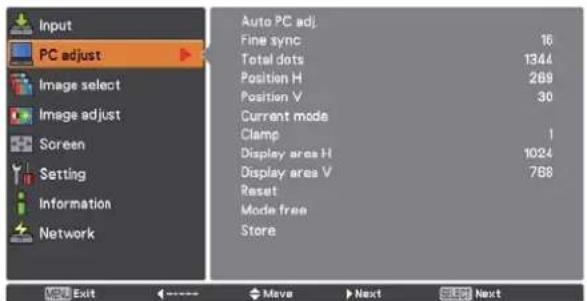Input PC adjust Image select Image adjust Screen Setting Information Network Auto PC adj. Fine sync 16 Total dots 1344 Position H 289 Position V 30 Current mode Clamp 1 Display area H 1024 Display area V 788 Reset Mode free Store Exit ←→←→ Move → Next → Select Next