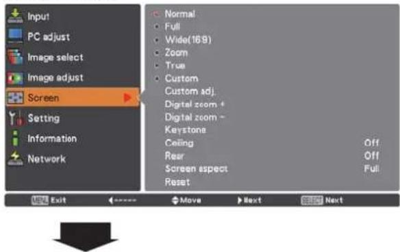 Input PC adjust Image select Image adjust Screen Setting Information Network Normal Full Wide(16:9) Zoom True Custom Custom adj. Digital zoom + Digital zoom - Keystone Ceiling Off Rear Off Screen aspect Full Reset MIL Exit Move Next Next