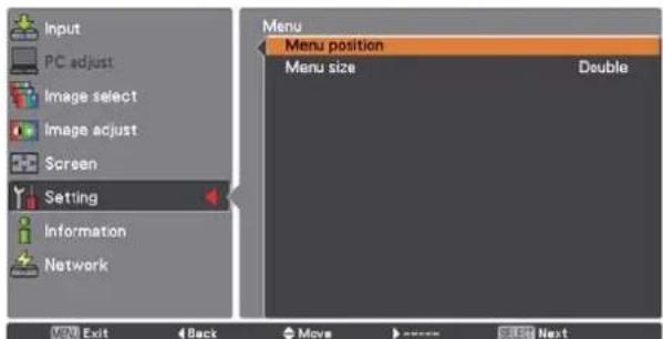 Input PC adjust Image select Image adjust Screen Setting Information Network Menu Menu position Menu size Double Menu Exit Back Move >---- Select Next