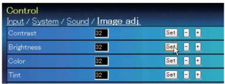 Control Input / System / Sound / Image adj. Contrast 32 Set - + Brightness 32 Set - + Color 32 Set - + Tint 32 Set - +