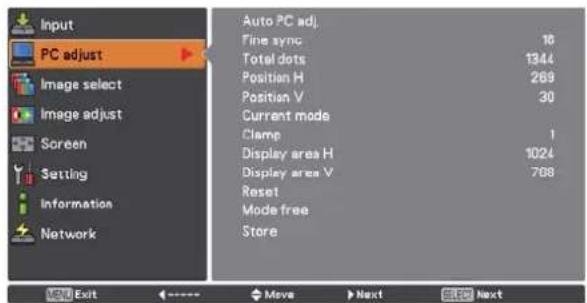 Input PC adjust Image select Image adjust Screen Setting Information Network Auto PC adj. Fine sync 16 Total dots 1344 Position H 269 Position V 30 Current mode Clamp 1 Display area H 1024 Display area V 768 Reset Mode free Store NEW Exit <----> Move > Next SEE Next