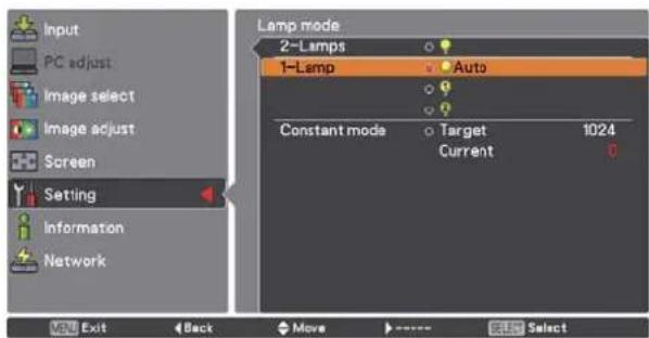 Input PC adjust Image select Image adjust Screen Setting Information Network Lamp mode 2-Lamps 1-Lamp Auto Constant mode Target Current 1024 Exit Back Move Select