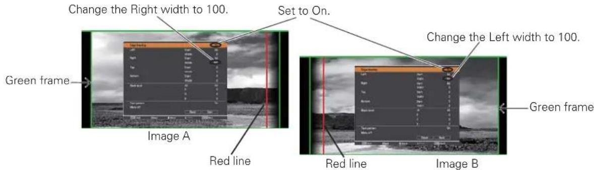 Change the Right width to 100. Set to On. Change the Left width to 100. Green frame Image A Red line Red line Image B Green frame