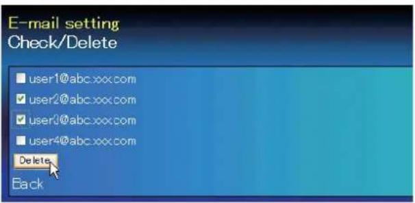 E-mail setting Check/Delete user1@abc.xxx.com user2@abc.xxx.com user0@abc.xxx.com user4@abc.xxx.com Delete Back