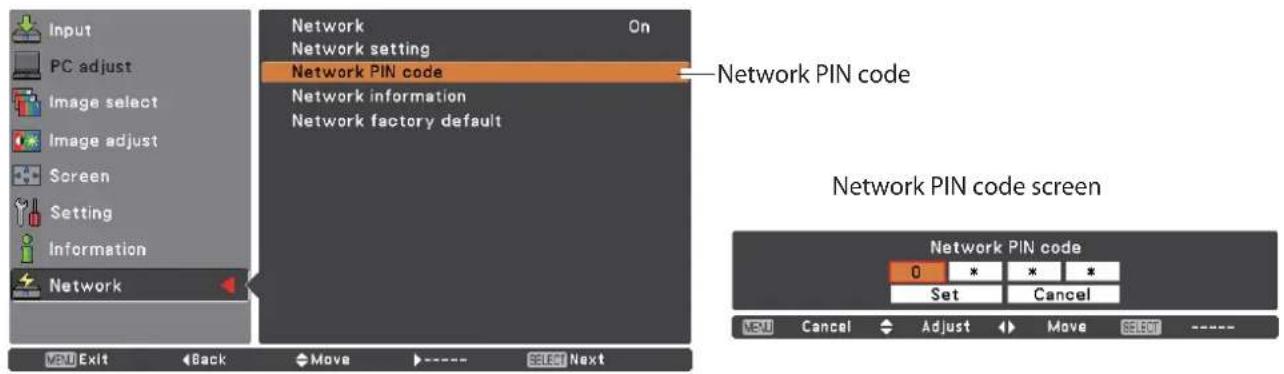 Input PC adjust Image select Image adjust Screen Setting Information Network Network setting Network PIN code Network information Network factory default Network PIN code Network PIN code screen 0 * * * Set Cancel MENU Cancel Adjust Move SELECT--------