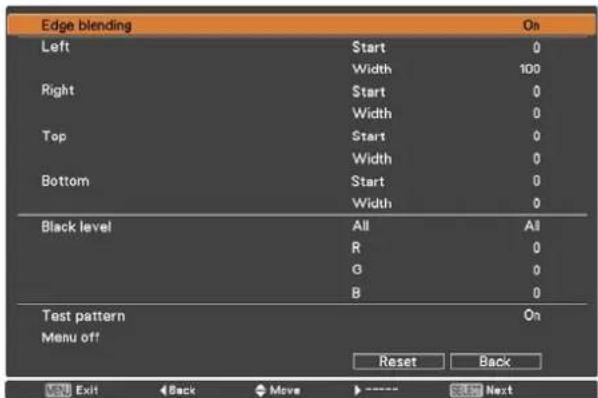 Edge blending Left Start 0 Width 100 Right Start 0 Width 0 Top Start 0 Width 0 Bottom Start 0 Width 0 Black level All All R 0 G 0 B 0 Test pattern On Menu off Reset Back
