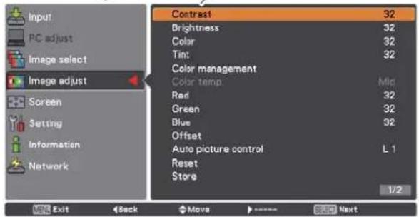 Input PC adjust Image select Image adjust Screen Setting Information Network Contrast 32 Brightness 32 Color 32 Tint 32 Color management Color temp. Mid Red 32 Green 32 Blue 32 Offset Auto picture control L 1 Reset Store 1/2 Exit Back Move Next