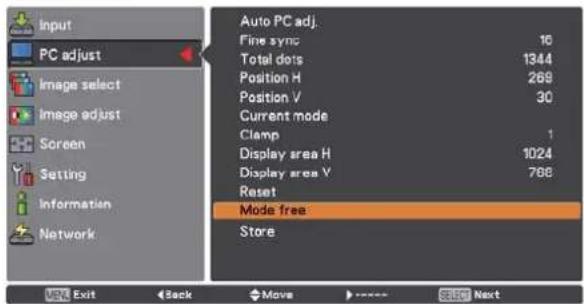 Input PC adjust Image select Image adjust Screen Setting Information Network Auto PC adj. Fine sync 16 Total dots 1344 Position H 269 Position V 30 Current mode Clamp 1 Display area H 1024 Display area V 788 Reset Mode free Store UVE Exit Back Move > ---- Step Next