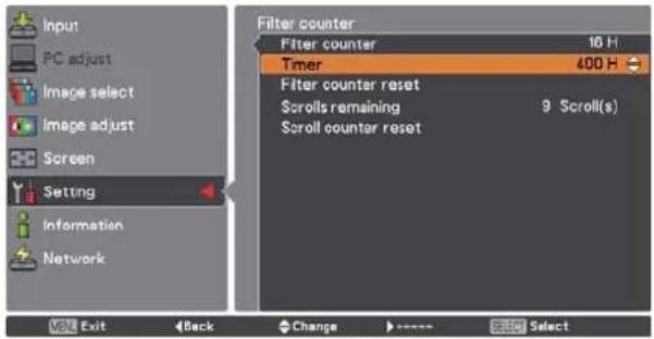 Input PC adjust Image select Image adjust Screen Setting Information Network Filter counter Filter counter 16 H Timer 400 H Filter counter reset Scrolls remaining 9 Scroll(s) Scroll counter reset Exit Back Change Select