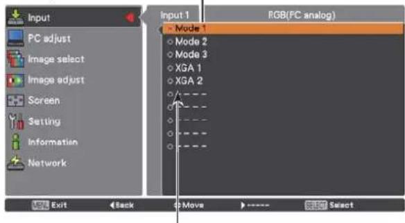 Input PC adjust Image select Image adjust Screen Setting Information Network Input 1 - Mode 1 ○ Mode 2 ○ Mode 3 ○ XGA 1 ○ XGA 2 RGB(FC analog) Exit Back Move Select