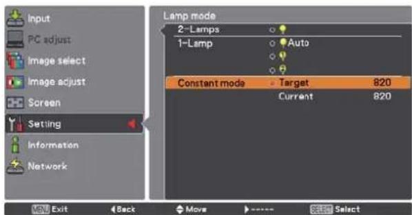 Input PC adjust Image select Image adjust Screen Setting Information Network Lamp mode 2-Lamps 1-Lamp Auto Constant mode Target 820 Current 820 VSW Exit Back Move Cancel Select
