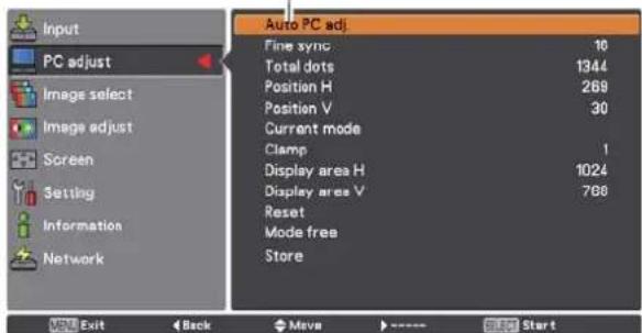Input PC adjust Image select Image adjust Screen Setting Information Network Auto PC adj. Fine sync 10 Total dots 1344 Position H 269 Position V 30 Current mode Clamp 1 Display area H 1024 Display areas V 766 Reset Mode free Store View Exit Back Move > ---- Start