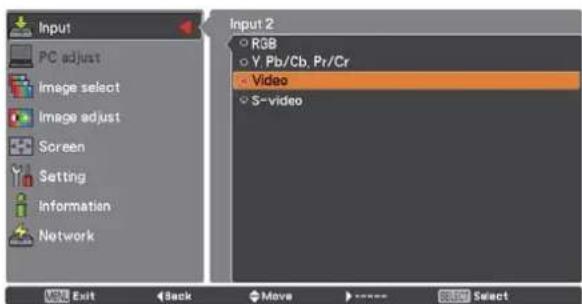 Input PC adjust Image select Image adjust Screen Setting Information Network Input 2 RGB Y, Pb/Cb, Pr/Cr Video S-video Exit Back Move Select