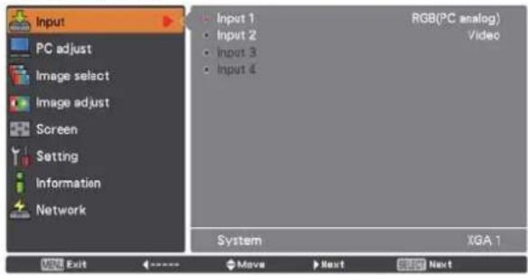 Input PC adjust Image select Image adjust Screen Setting Information Network Input 1 Input 2 Input 3 Input 4 RGB(PC analog) Video System XGA.1 Exit Move Next Next