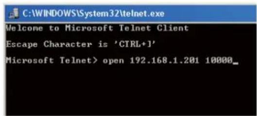 C:\WINDOWS\System32\telnet.exe Welcome to Microsoft Telnet Client Escape Character is 'CTRL+1' Microsoft Telnet> open 192.168.1.201 10000_