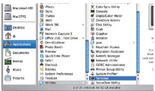 Macintosh HD MacDTP2 Desktop gl Applications Documents Movies Music Pictures iPhoto iSync iTunes iWeb iWork '06 Mail Network Capture 5 Office 200...Test Drive OmniOutliner Photo Booth Preview QuickTime Player Safari Sherlock Stickles System Preferences TextEdit Utilities ColorSync Utility Console DigitalColor Meter Directory Access Disk Utility Crab Grapher Installer java Keychain Access Migration Assistant NetInfo Manager Network Utility ODBC Administrator Printer Setup Utility System Profiler Terminal VoiceOver Utility 1 of 25 selected, 60.42 GB available