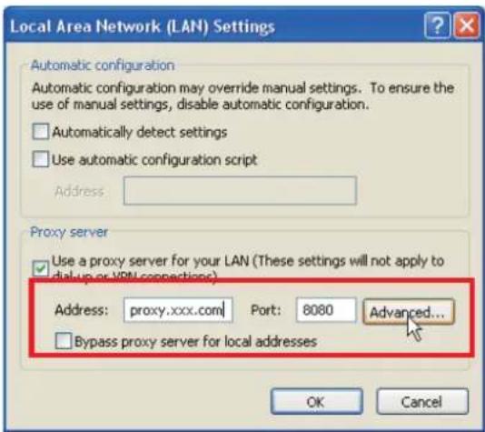 Local Area Network (LAN) Settings Automatic configuration Automatic configuration may override manual settings. To ensure the use of manual settings, disable automatic configuration. □ Automatically detect settings □ Use automatic configuration script Address Proxy server ✓ Use a proxy server for your LAN (These settings will not apply to dial-up or VRN connections) Address: proxy.xxx.com Port: 8080 Advanced... □ Bypass proxy server for local addresses OK Cancel
