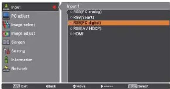 Input PC adjust Image select Image adjust Screen Setting Information Network Input 1 RGB(PC analog) RGB(Scart) RGB(PC digital) RGB(AV HDCP) HDMI Exit Back Move Select