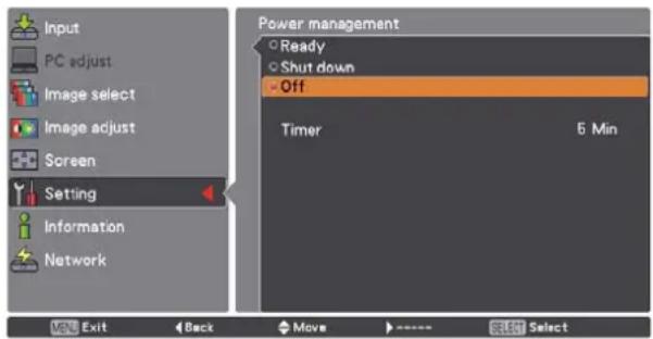 Input PC adjust Image select Image adjust Screen Setting Information Network Power management Ready Shut down Off Timer 5 Min Exit Back Move ---- Select