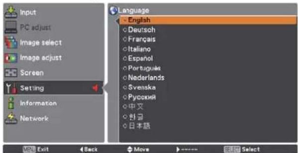 Input PC adjust Image select Image adjust Screen Setting Information Network Language English Deutsch Français Italiano Español Português Nederlands Svenska Русский 中文 한글 日本語 Exit Back Move Select