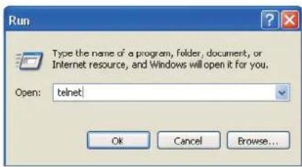 Run Type the name of a program, folder, document, or Internet resource, and Windows will open it for you. Open: telnet Ok Cancel Browse...