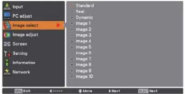 Input PC adjust Image select Image adjust Screen Setting Information Network Standard Real Dynamic image 1 image 2 image 3 image 4 image 5 image 6 image 7 image 8 image 9 image 10 NEW Exit <---- Move Next CLK Next