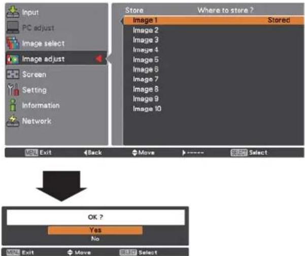 Input PC adjust Image select Image adjust Screen Setting Information Network Store Where to store ? Image 1 Stored Image 2 Image 3 Image 4 Image 5 Image 6 Image 7 Image 8 Image 9 Image 10 VSL Exit Back Move ---- Select OK ? Yes No VSL Exit Move SELECT Select