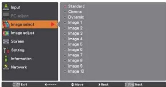 Input PC adjust Image select Image adjust Screen Setting Information Network Standard Cinema Dynamic Image 1 Image 2 Image 3 Image 4 Image 5 Image 6 Image 7 Image 8 Image 9 Image 10 MIME Exit <----> Move Next Cancel Next