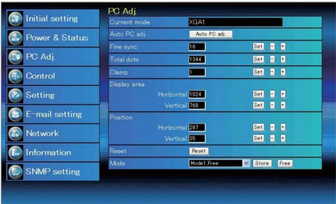PC Adj. Current mode XGA1 Auto PC adj. Auto PC adj. Fine sync 16 Set - + Total dots 1344 Set - + Clamp 1 Set - + Display area Horizontal 1024 Set - + Vertical 768 Set - + Position Horizontal 287 Set - + Vertical 35 Set - + Reset Reset Mode Mode1.Free Store Free Initial setting Power & Status PC Adj. Control Setting E-mail setting Network Information SNMP setting