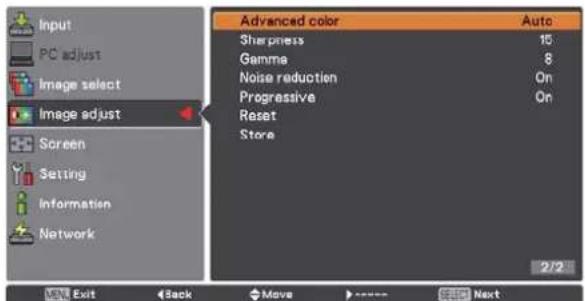 Input PC adjust Image select Image adjust Screen Setting Information Network Advanced color Auto Sharpness 15 Gamma 8 Noise reduction On Progressive On Reset Store 2/2 Exit Back Move Next